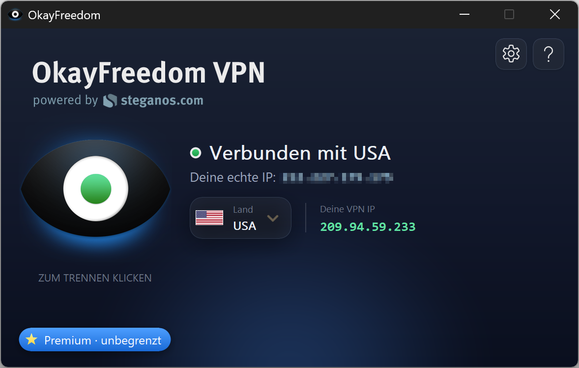 OkayFreedom VPN &ndash; App-Screenshot (verbunden)