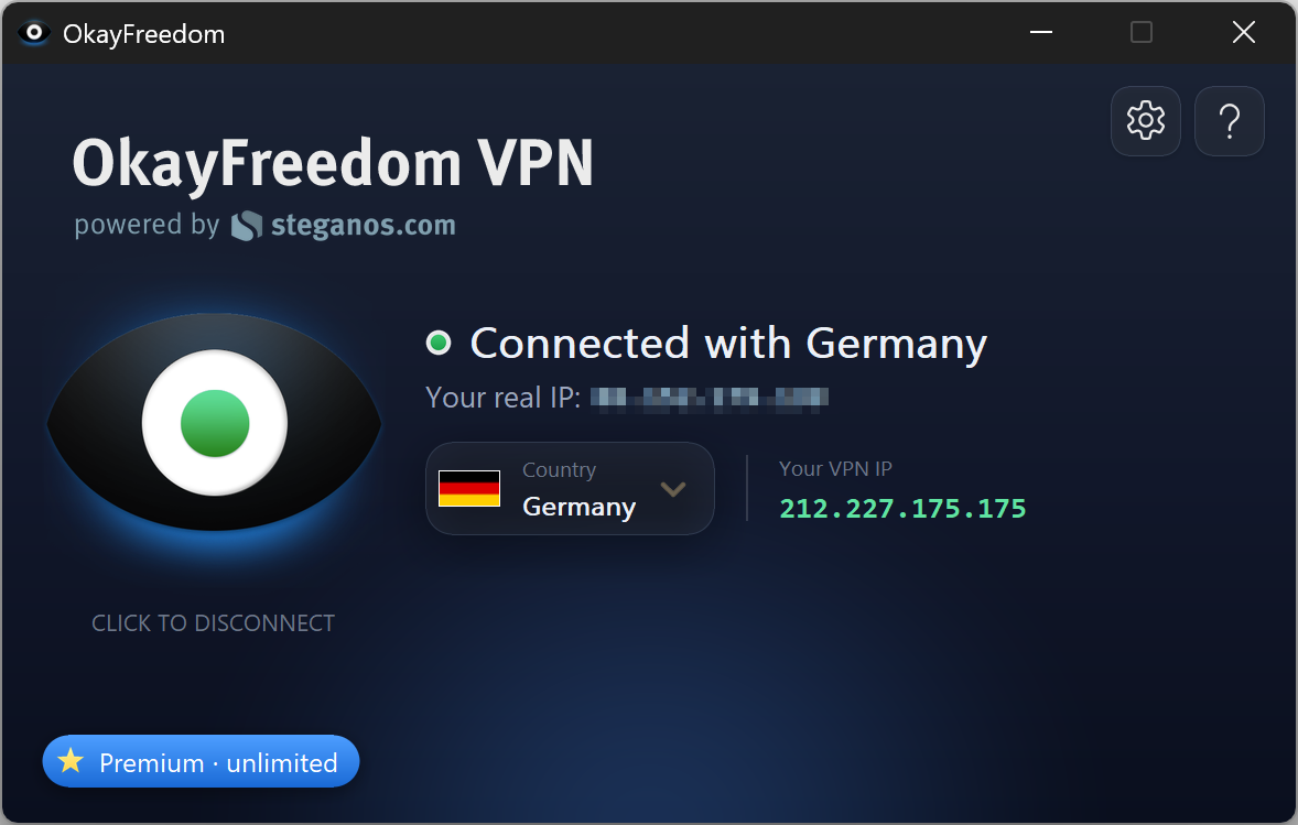 OkayFreedom VPN – capture d'écran de l'application (connecté)